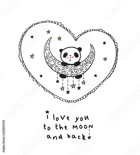 Fototapeta Naklejka Na Ścianę i Meble -  Greeting card with cute panda on the gold moon and heart for Valentine's Day, Mother's Day, Father's Day, birthday, wedding. Vector illustration.