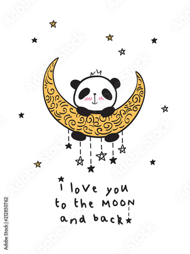 Fototapeta Naklejka Na Ścianę i Meble -  Greeting card with cute panda on the gold moon for Valentine's Day, Mother's Day, Father's Day, birthday, wedding. Vector illustration.