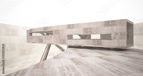 Abstract white and concrete interior with glossy white lines. 3D illustration and rendering.