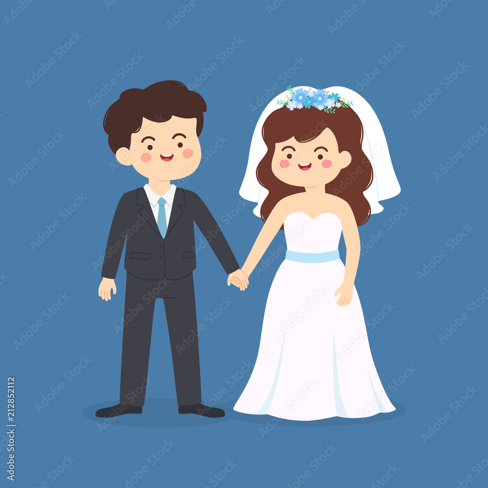 Cute Wedding Couple invitation. Bride and groom holding hands vector illustration cartoon isolated on blue theme background. Cute Wedding Couple invitation. Bride and groom holding hands vector illustration cartoon isolated on blue theme background.