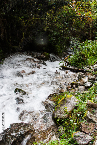 Surrounded by wild and ancient forest a waterfall on the stone paved path Inca Trail on the way to Machu Picchu, Peru.