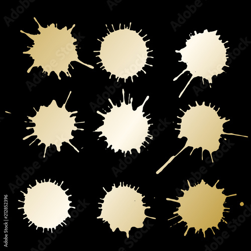 Gold paint spots. Drops golden texture . Set for grunge splash textures. Vector illustration.