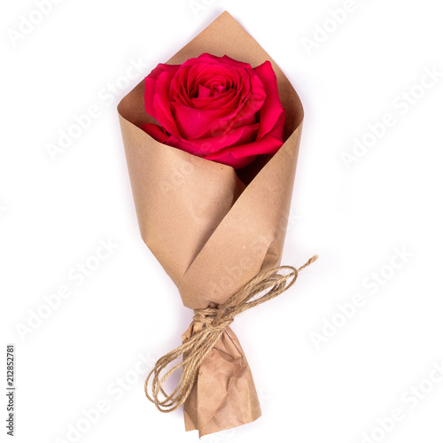 bouquet one fresh red rose wrapped in kraft paper