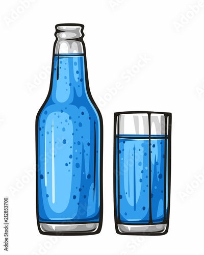 Vector colorful illustration glass of water and glass bottle of water. Mineral water, drink 1.1