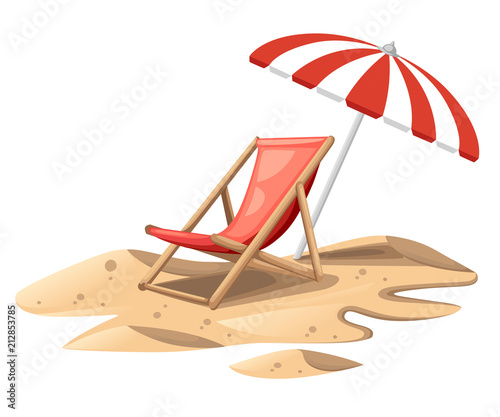 Red beach chair with umbrella. Wooden chair on sand. Colorful summer illustration. Flat vector illustration isolated on white background