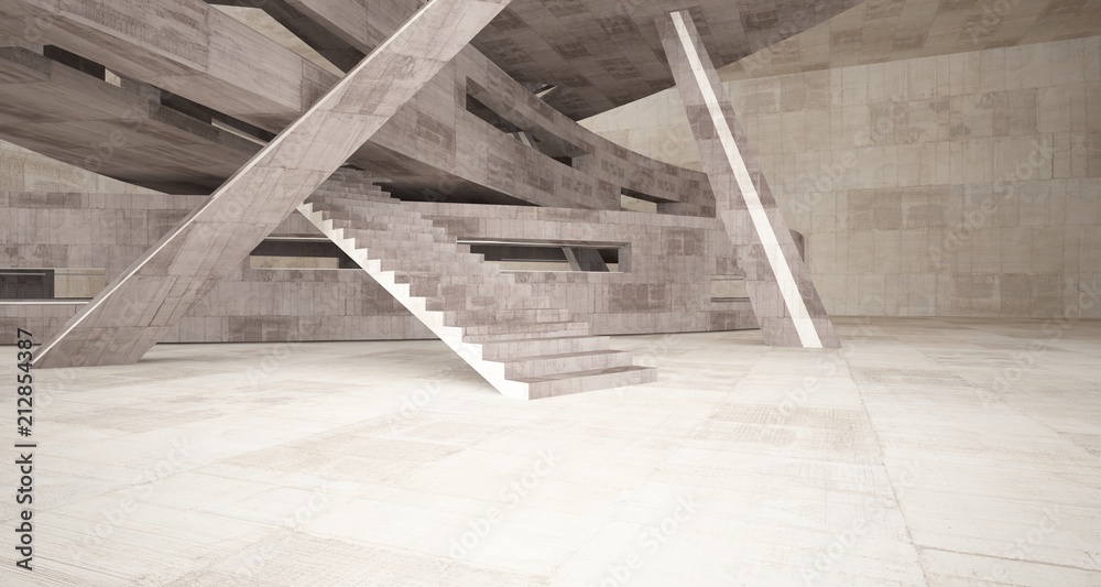Abstract white and concrete interior with glossy white lines. 3D illustration and rendering. Abstract white and concrete interior with glossy white lines. 3D illustration and rendering.