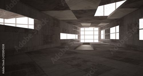 Abstract white and concrete interior with glossy white lines. 3D illustration and rendering.