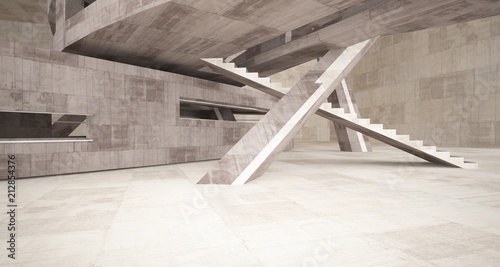 Abstract white and concrete interior with glossy white lines. 3D illustration and rendering.