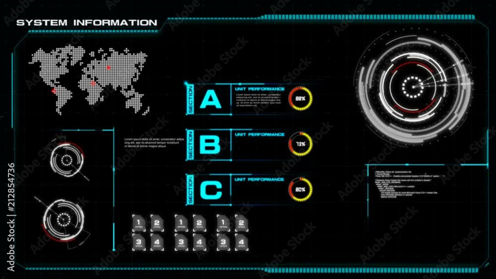 4K Animation of user interface HUD on dark background for cyber futuristic concept with grain processed 4K Animation of user interface HUD on dark background for cyber futuristic concept with grain processed