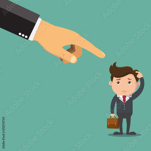 Business illustration concept of an businessman being pointed by a giant hand.