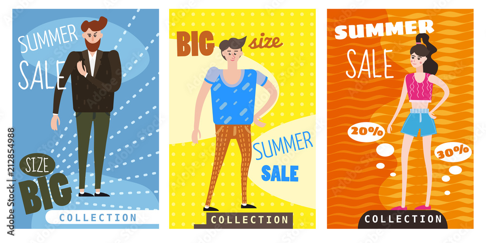 Cards for selling clothes, different sizes, characters for men and women,  large-scale clothing, modern style graphics, posters, banners, advertising,  vector, isolated Stock Vector