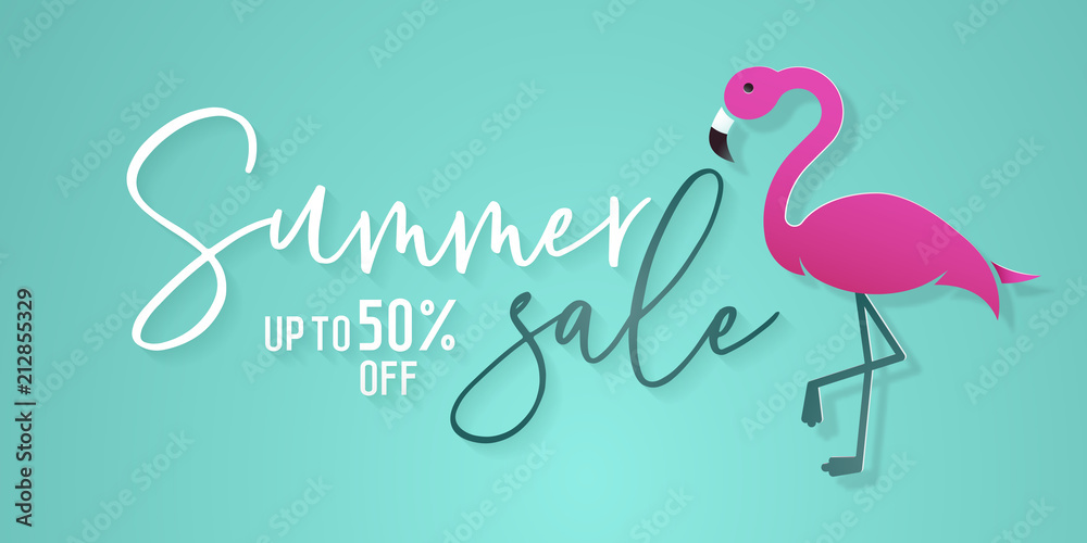 Summer sale background with flamingo in paper art style and calligraphic text for commerce, e-commerce, online shopping, banners, posters, vouchers, flyers etc. Summer sale background with flamingo in paper art style and calligraphic text for commerce, e-commerce, online shopping, banners, posters, vouchers, flyers etc.