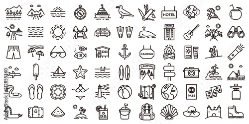 Big summer vacations icon set. Vector thin line illustrations with objects, activities and places related with traveling, tourism, outdoors in the beach and mountain, camping, resorts and hotels. photo