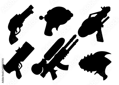 Black silhouette. Cartoon gun collection. Flat vector toys. Space laser guns design. Vector illustration isolated on white background