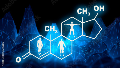 Chemical molecular formula hormone testosterone. Infographics illustration. Man silhouette. Low poly mountains landscape backdround. 3D rendering photo
