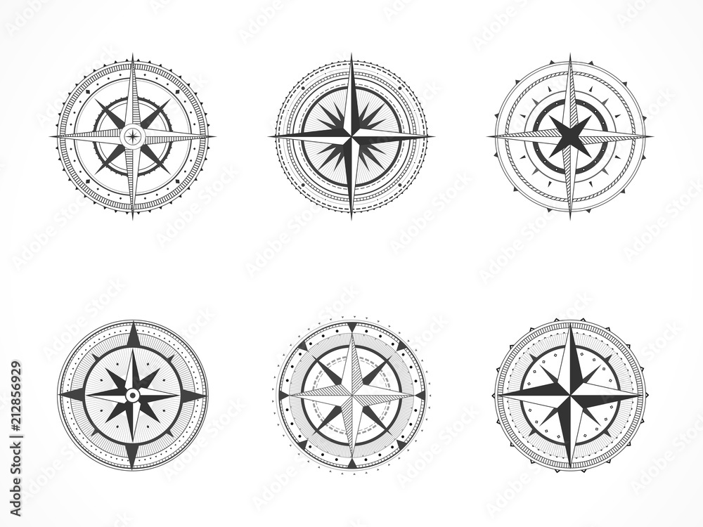 Vector set of vintage compasses or marine wind roses. Collection in line art style. Black line. Isolated on white background.