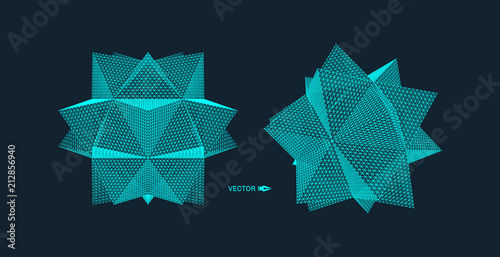 Crystal. Object with connected lines and dots. Molecular grid. 3d futuristic technology style for chemistry and science. Vector illustration.