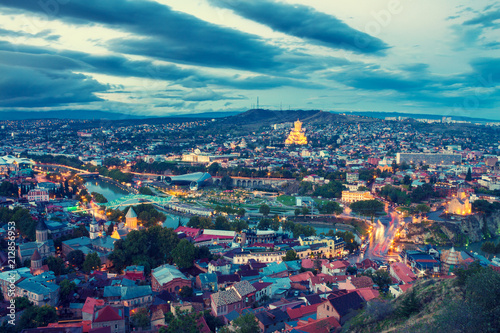 Beautiful evening panoramic view of Tbilisi after sunset, Georgia country