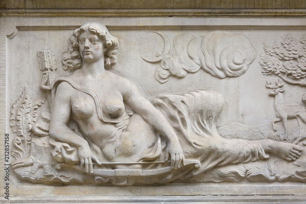 Mariacka street, typical decorative stoop, relief on facade, Main city, Gdansk, Poland.