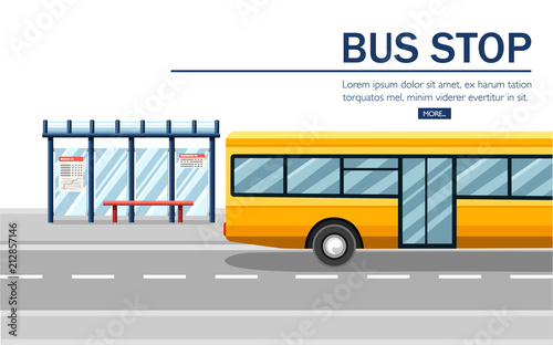 Yellow city bus. Public transport illustration. Bus stop and road. Flat design style on white background. Public transport concept design for website or advertising