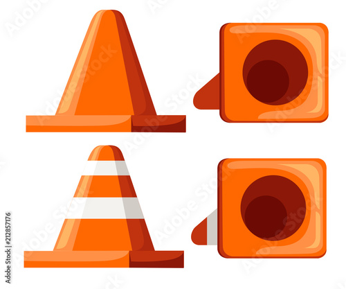 Road cone icon set. Flat collection orange traffic cone. Vector illustration isolated on white background