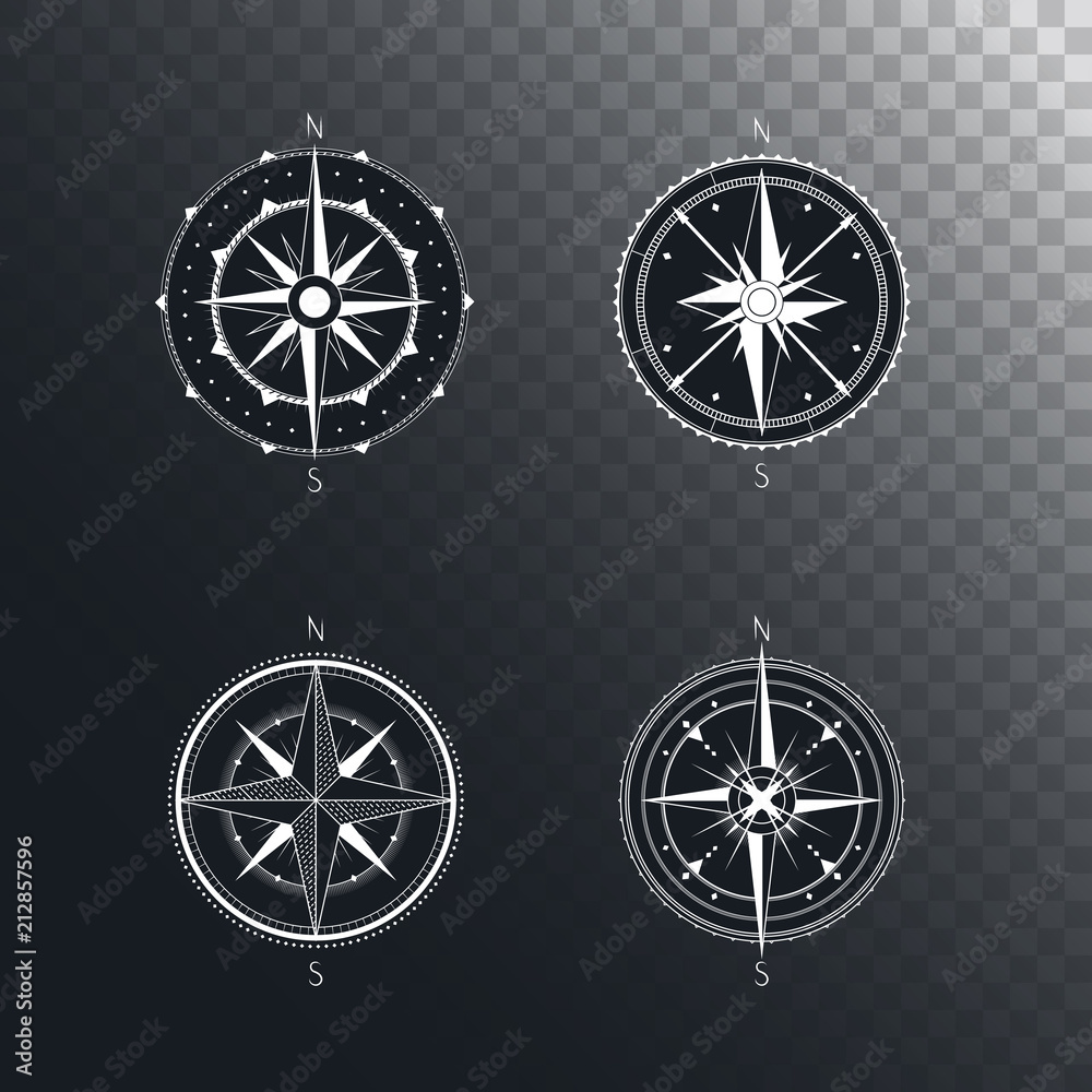 Vector set of vintage compasses or marine wind roses. Collection in line art style.