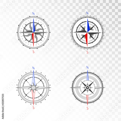 Vector set of vintage compasses or marine wind roses. Collection in line art style.