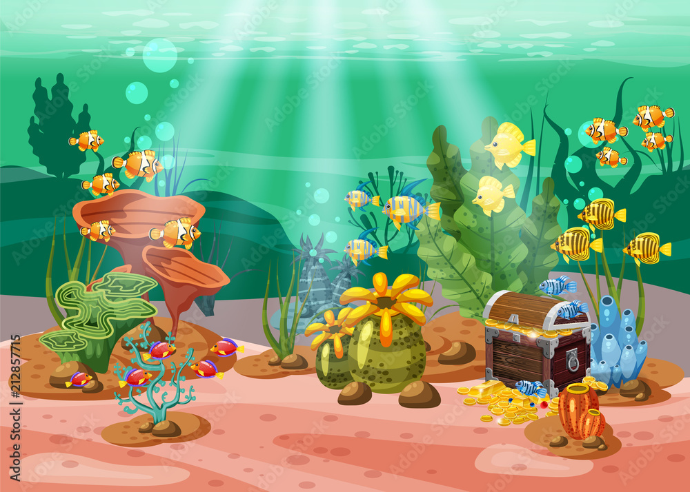 Naklejka premium Underwater treasure, chest at the bottom of the ocean, gold, jewelry on the seabed. Underwater landscape, corals, seaweed, tropical fish, vector, cartoon style, isolated