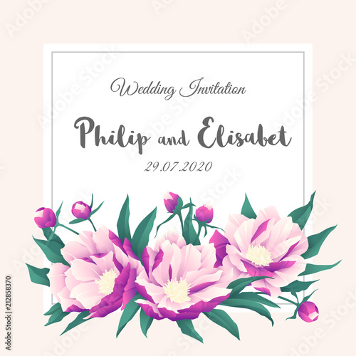 Vintage Wedding Invitation template with peonies