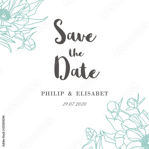 Save The Date with peonies. Vintage Wedding Card