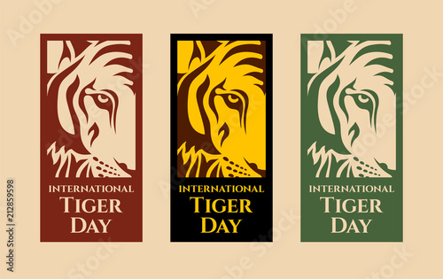International Tiger day. July 29. Template for your design. Emblem design. Isolated artwork object. Three vector cards with isolated parts of tiger face and inscriptions. Vector color illustration.