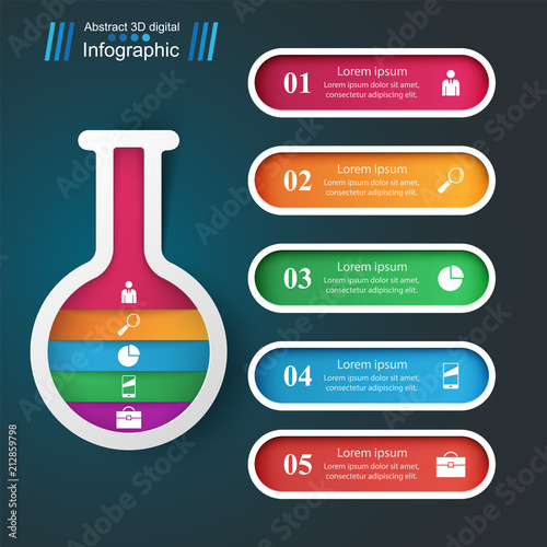 Tube experiments. Abstract infographics. Five color items