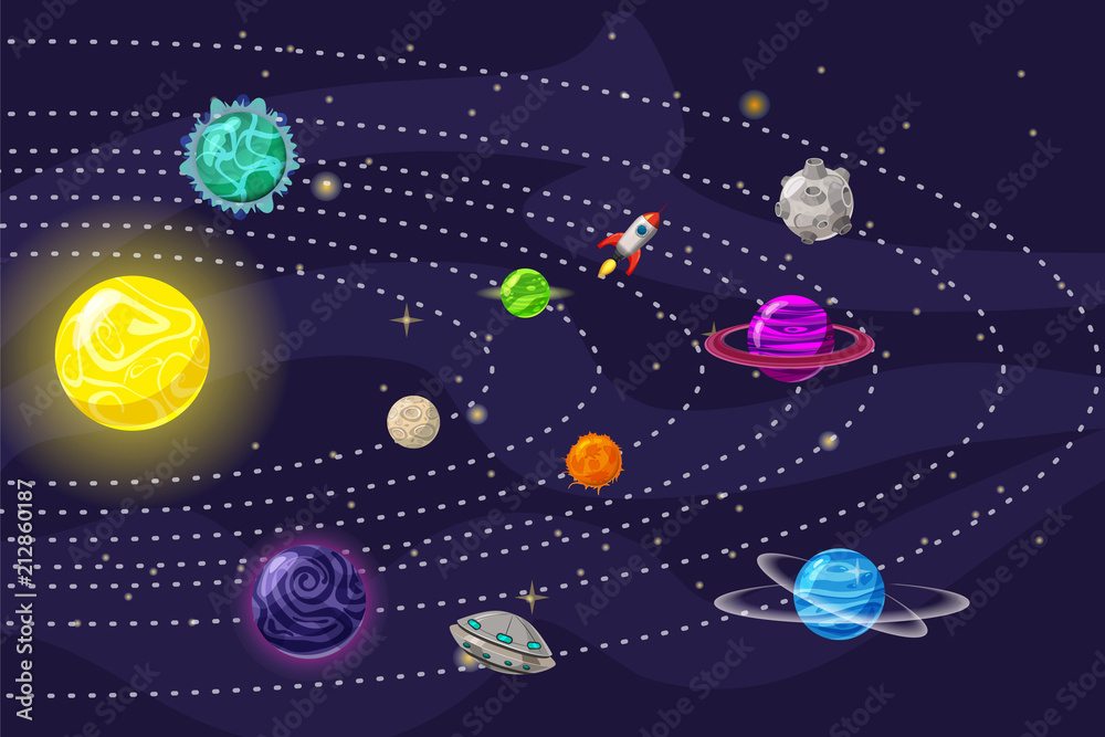 Planetary system planets with orbits, colored vector poster, cartoon style, isolated