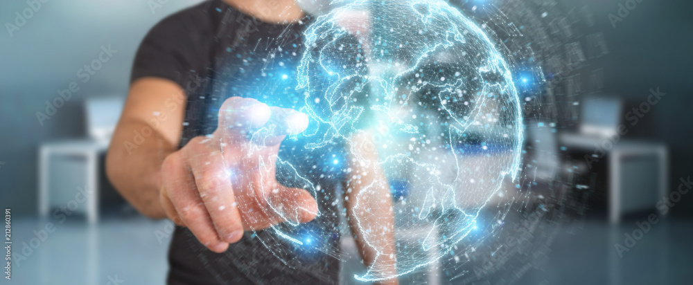 Businessman using globe network hologram with America Usa map 3D rendering