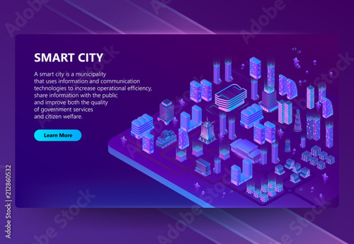 Vector site with 3d isometric megapolis, city in violet colors. Network portal with button. Collection of houses, skyscrapers, buildings with ultraviolet lighting on background