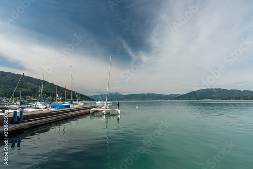 Attersee-Scenic panoramic picture-postcard view of famous Austrian Alps with beautiful clean lake