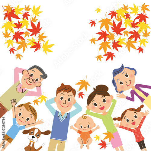 紅葉を見ながら寝る三世代家族