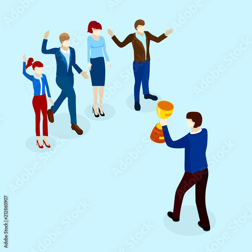 Team building. Win with leader. Isometric background.