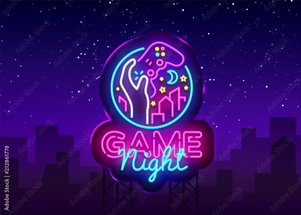 Plakat Neon gry nocy wektor logo szablon projektu. Logo nocy gry w neonowym stylu, ręka gamepada, koncepcja gry wideo, nowoczesny design trendów, jasny baner, jasna reklama nocnego życia. Wektor billboard