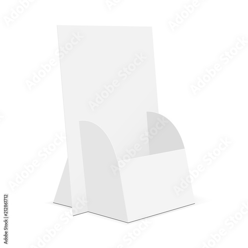 Cardboard brochure display stand. Flyer holder mockup isolated on white background. Vector illustration