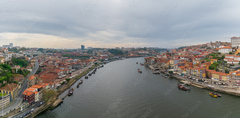Panoramic view of Old Porto Oporto city and Ribeira over Douro river from Vila Nova de Gaia, Portugal
