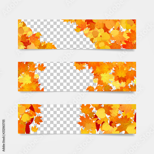 Set of banners with yellow and orange leaves. Autumn sale borders template.