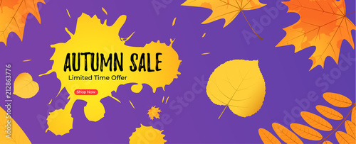 Vivid autumn sale banner template with yellow and orange leaves
