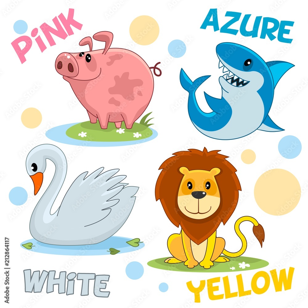 Naklejka premium A set of cartoon illustrations of wild and domestic animals, birds and reptiles for children and design, a pink pig, azure tooth-toothed shark, a beautiful white swan and a yellow lion.