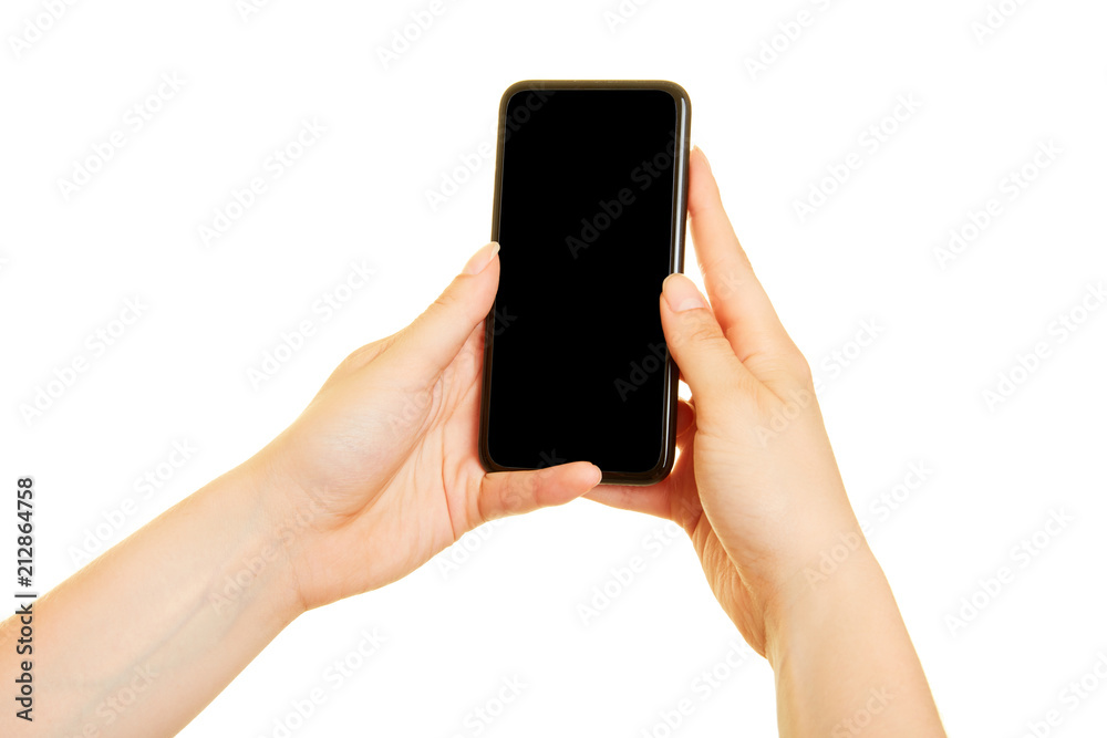 Linke Hand Schläft Ein Beim Handy Halten Hände halten Smartphone als App Design Mockup Stock Photo | Adobe Stock