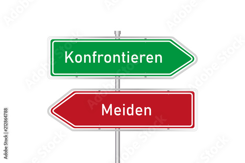 Rotes und grünes Straßenschild - Konfrontieren / Meiden