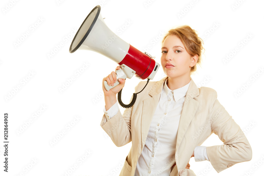 Junge selbstbewusste Frau mit Megafon Junge selbstbewusste Frau mit Megafon