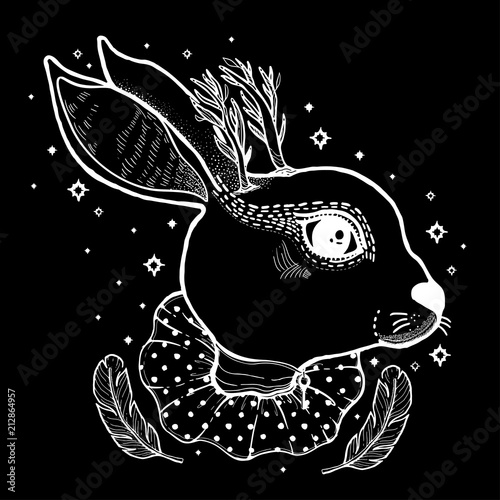 Sketch graphic illustration Circus Rabbit with mystic and occult hand drawn symbols. Vector illustration. Astrological and esoteric concept. Old Fashion Tattoos.