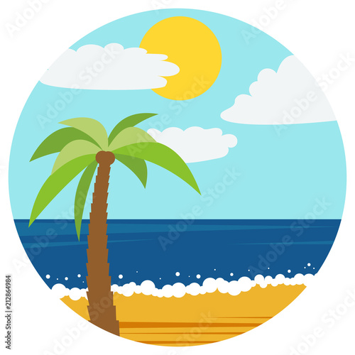 Fototapeta Naklejka Na Ścianę i Meble -  Natural cartoon landscape in circle. Vector illustration in the flat style with palm in the summer beach.
