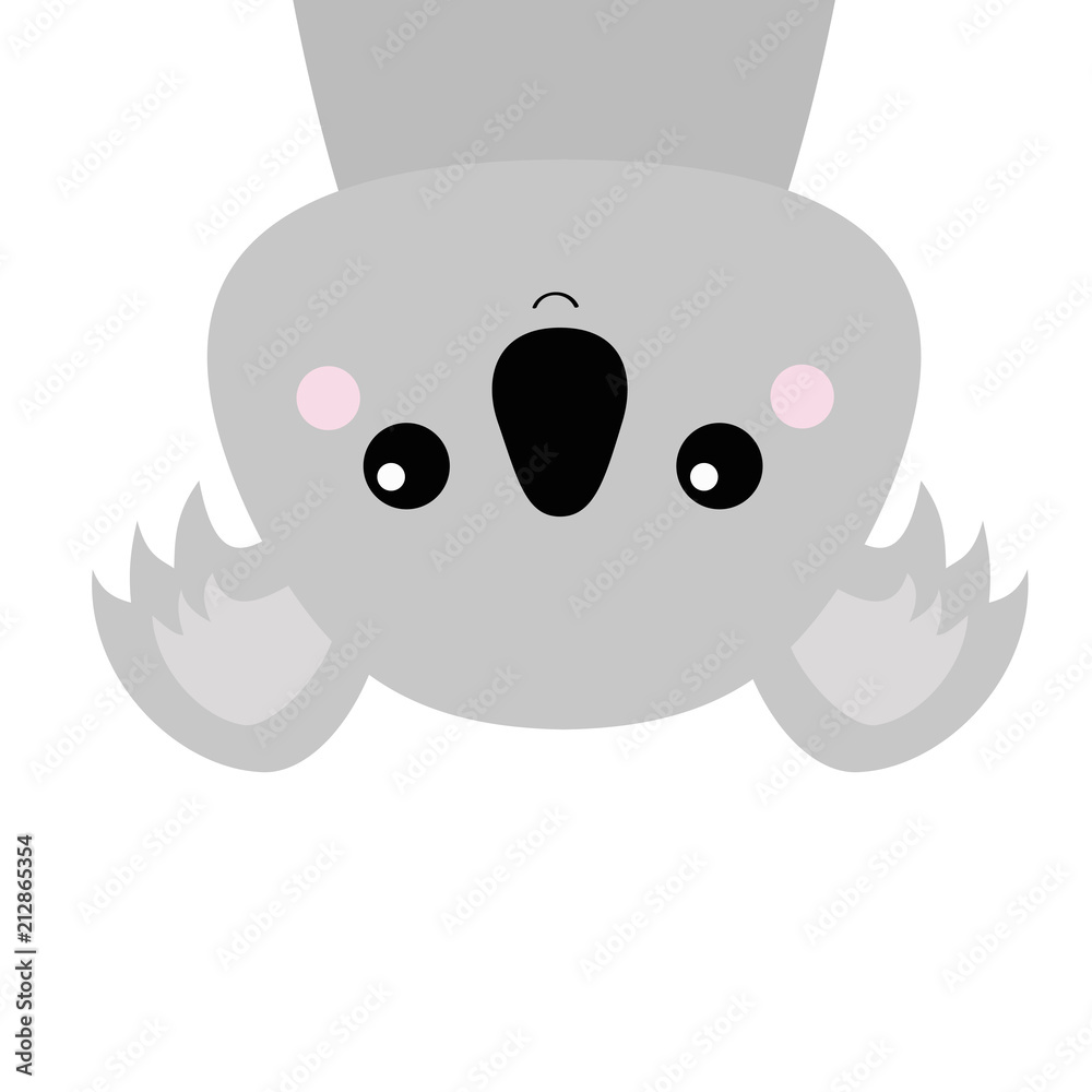 Obraz premium Koala face head hanging upside down. Gray silhouette. Kawaii animal. Cute cartoon bear character. Funny baby with eyes, nose, ears. Love Greeting card. Flat design. White background Isolated.